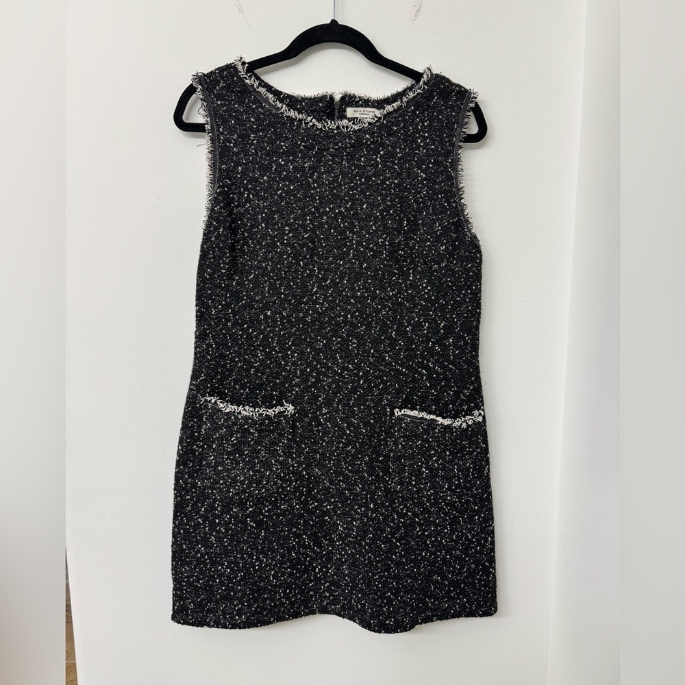 Max Studio Black Tweed Fringe-Trim Mini Dress